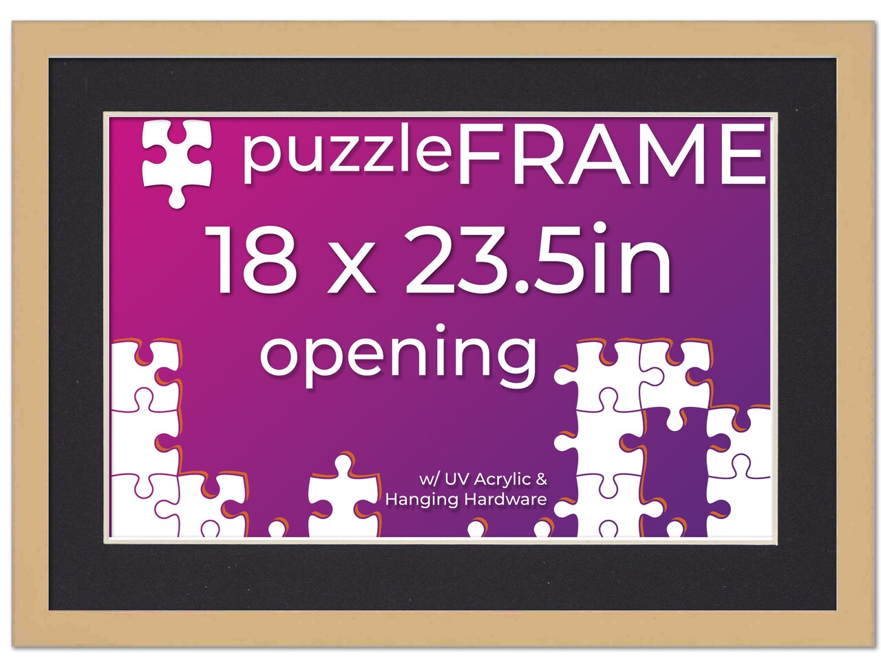 Natural Wood Puzzle Frame Kit with Glue Sheets, Black Mat, Backing, UV Acrylic - Available in 20 Popular Sizes